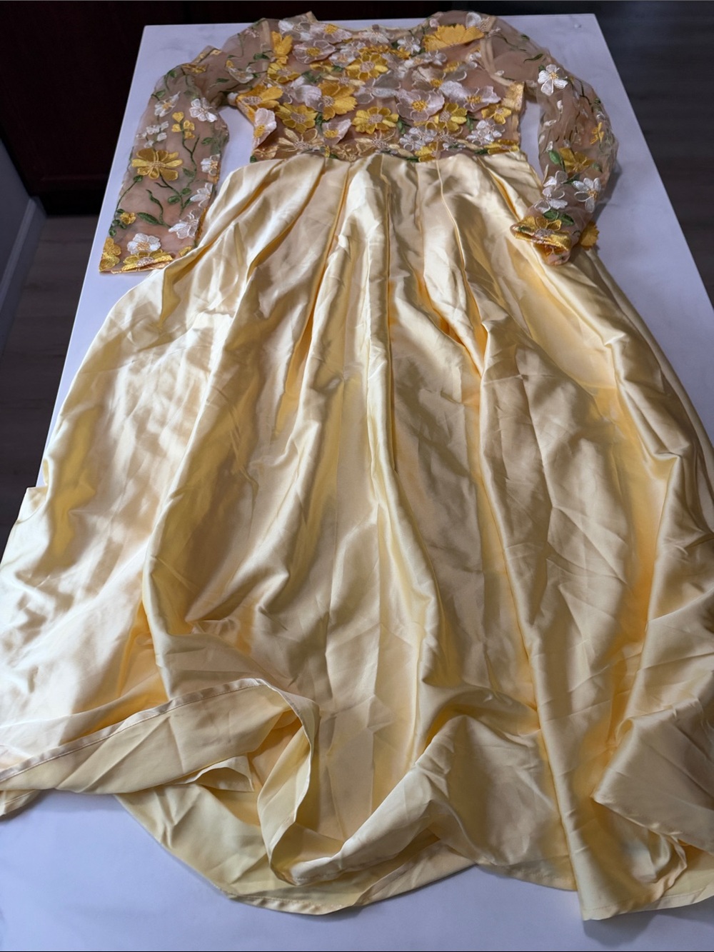 Yellow Floral Embroidered Long Sleeve Wedding Dress